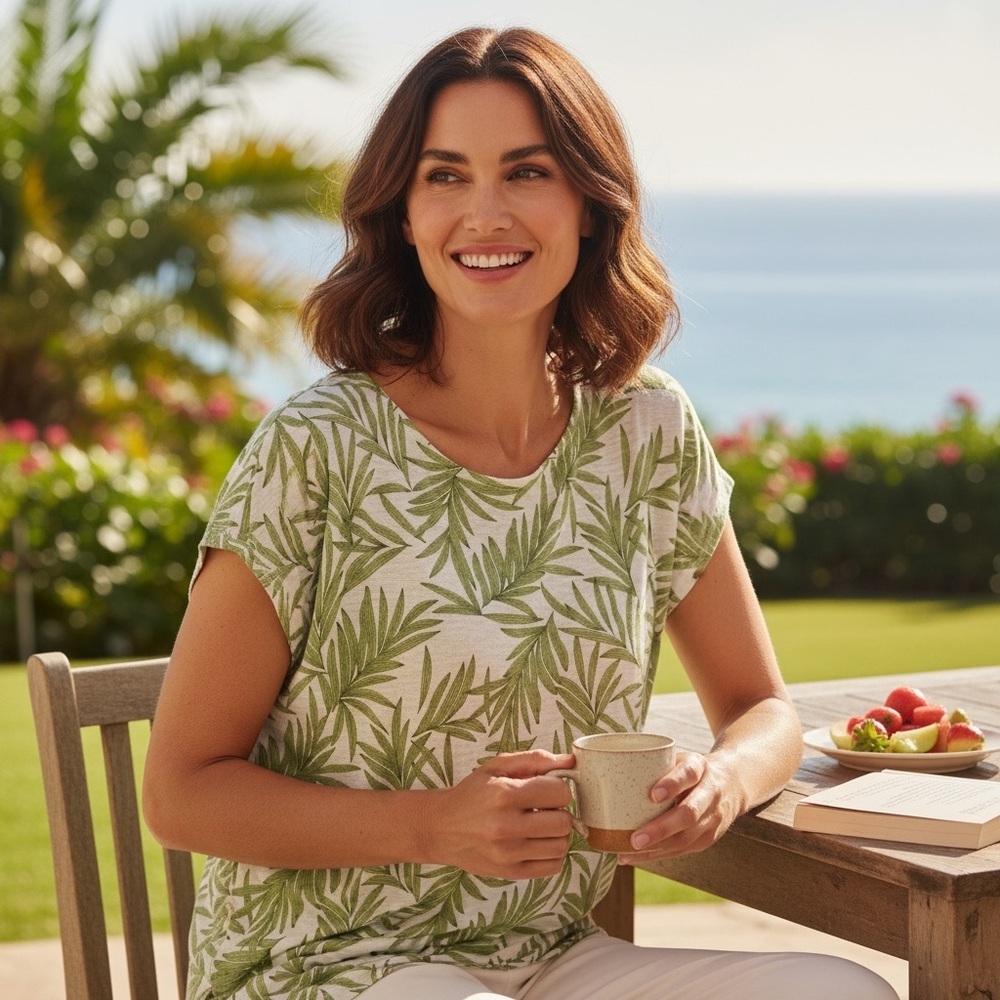 Nicole Miller Linen Leaves Top Women Size XL Resort Wear Casual Comfy Beachy - Picture 7 of 7